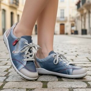 REMONTE Liv 27 Ice Azur Rosso Leather Slim Sneakers Rieker